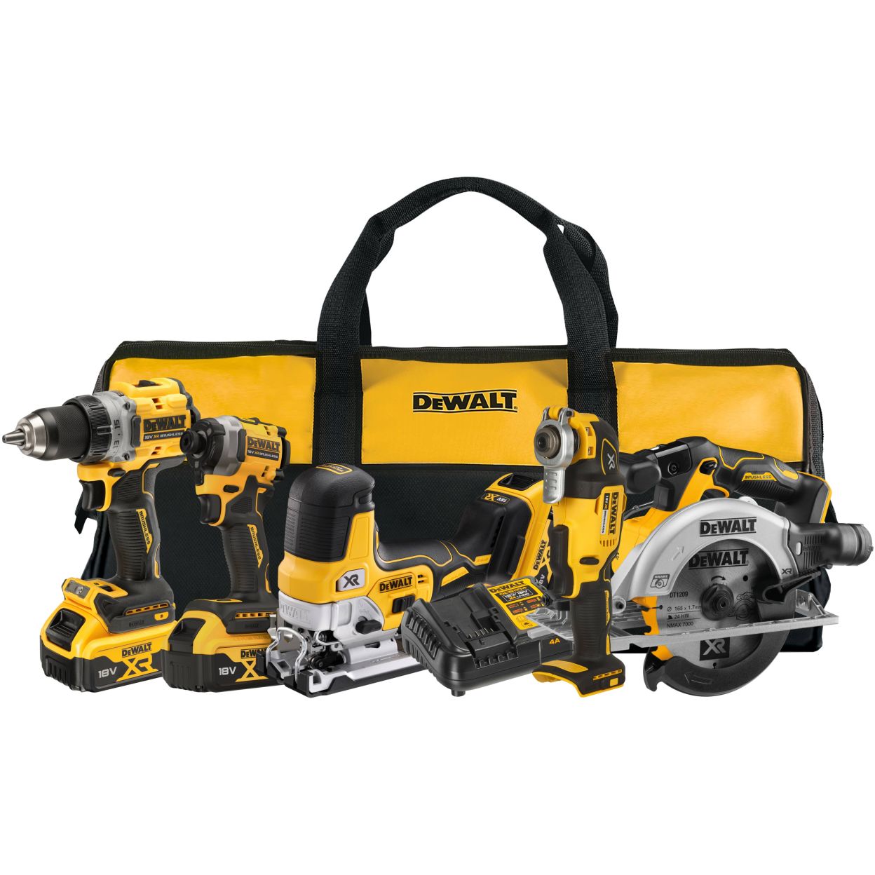 Аккумуляторный набор DEWALT DCK502P3, 18 В: дрель-шуруповерт + шуруповерт + пила + лобзик + реноватор, с 3 АКБ 5 Ач и ЗУ в сумке