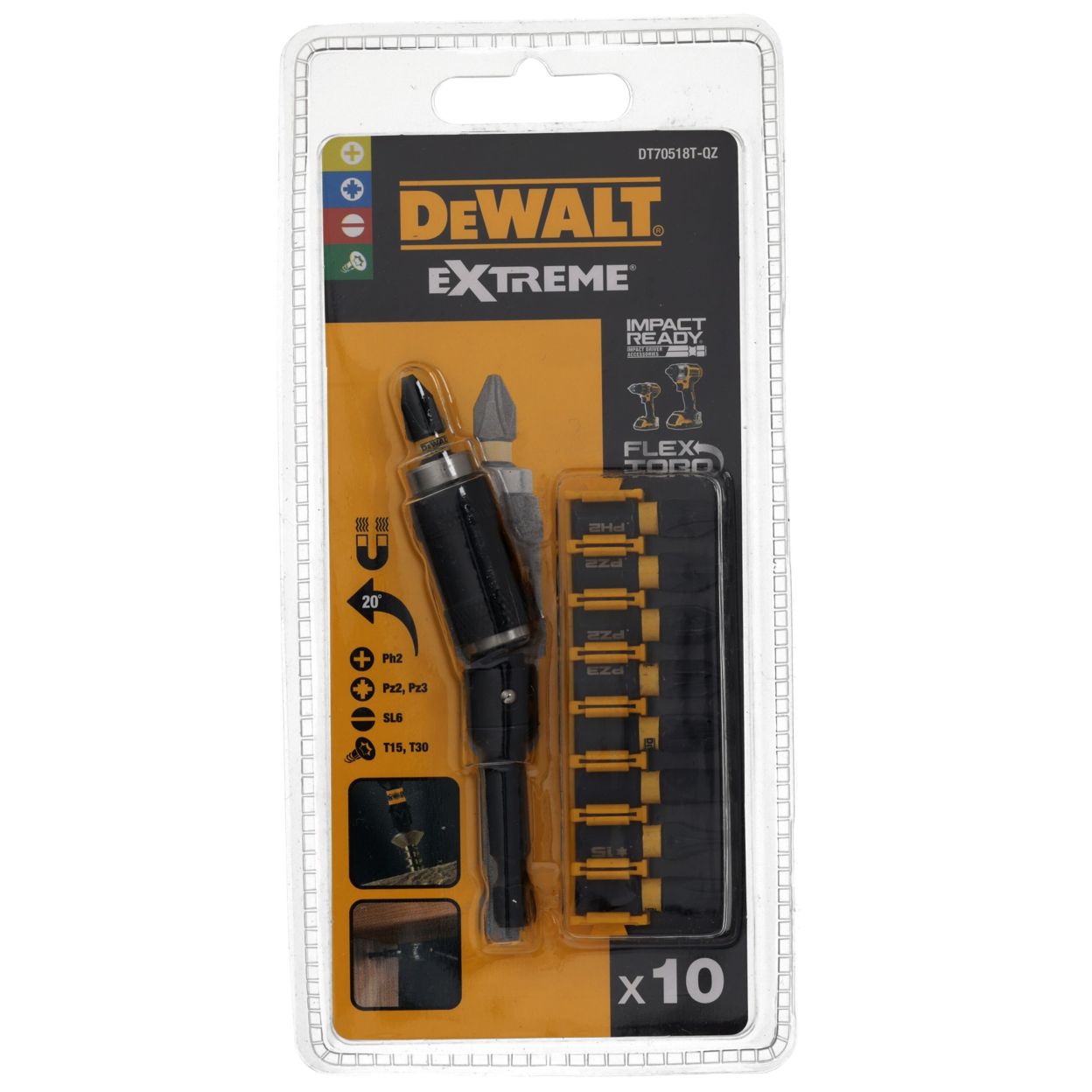 Бита DEWALT PH2,PZ2,PZ3,T15,T30,SL6, 25 мм, шестигранный (HEX), 10 шт. (DT70518T-QZ)