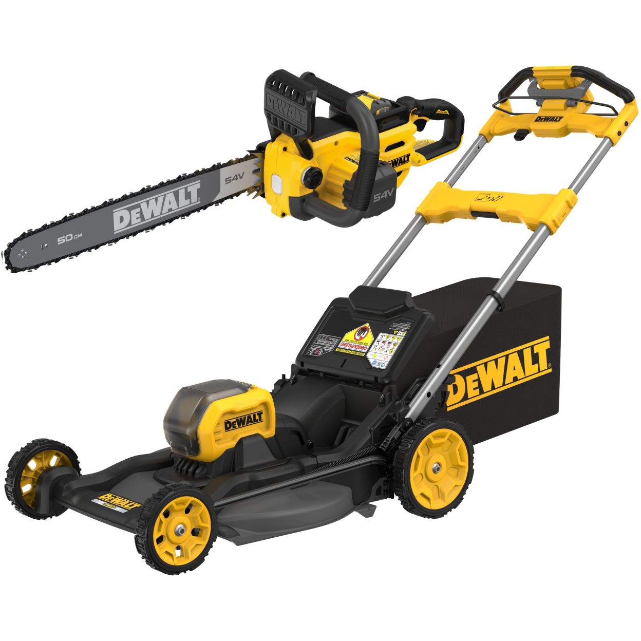 Аккумуляторный набор садовой техники DEWALT, 54 В: цепная пила DCMCS575 + газонокосилка DCMWSP550, с АКБ 3 Ач и ЗУ