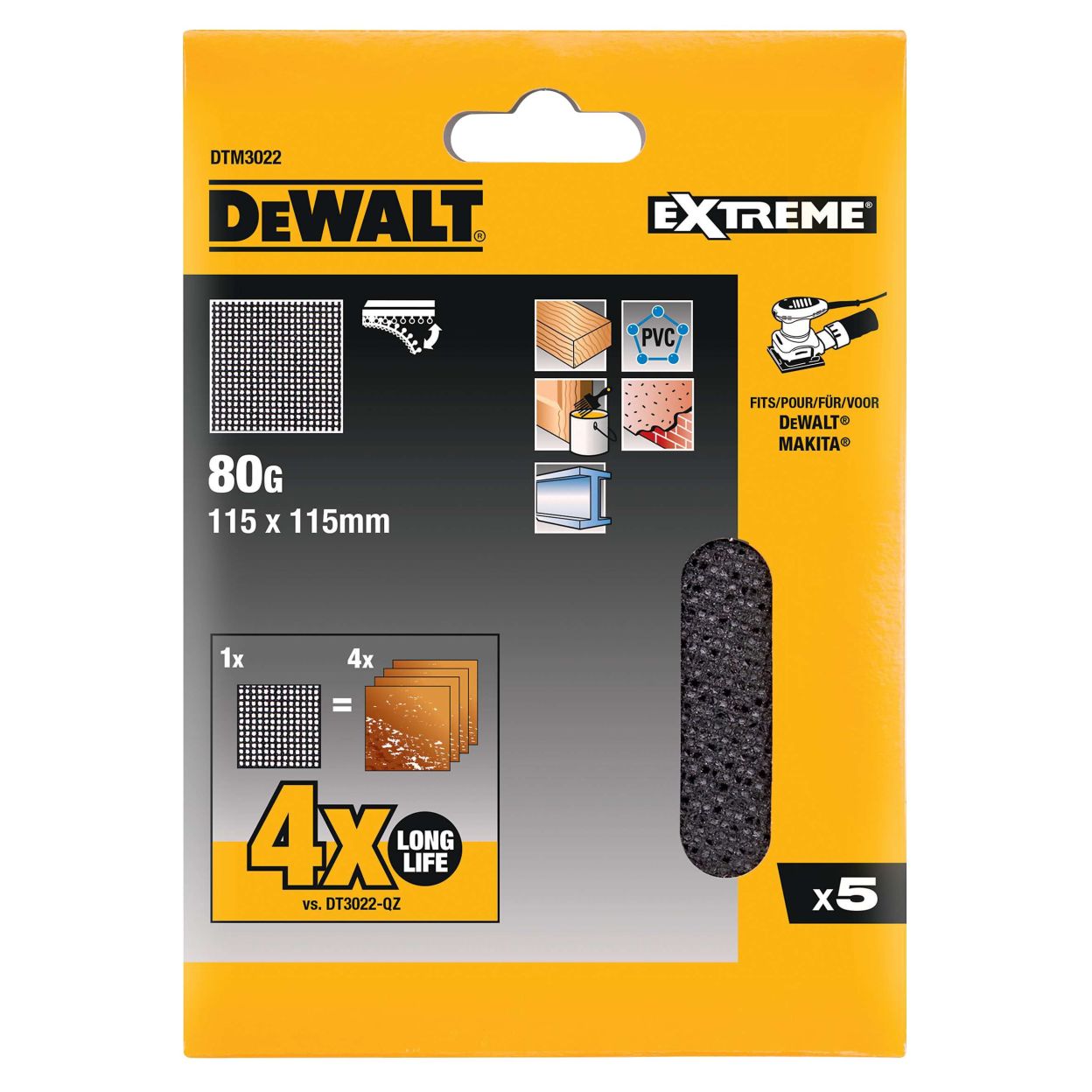 Сетчатый шлифлист DEWALT DTM3022, 115х115 мм, 80G, 5 шт. (DTM3022-QZ)