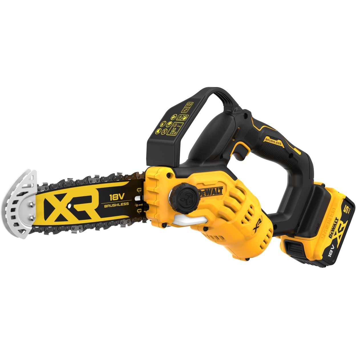 Аккумуляторная цепная пила DEWALT DCMPS520P1, 18 В, 20 см, 8.6 м/с, с АКБ 5 Ач и ЗУ (DCMPS520P1-QW)