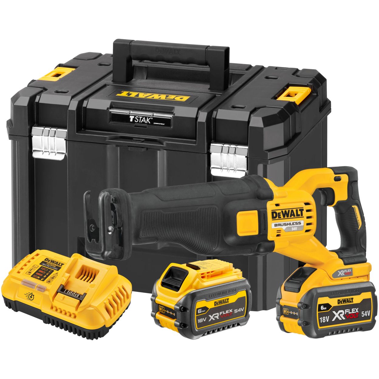 Аккумуляторная сабельная пила DEWALT DCS389T2, 54 В, 3000 ход/мин, 28.6 мм, с 2 АКБ 2 Ач и ЗУ, в кейсе TSTAK (DCS389T2-QW)