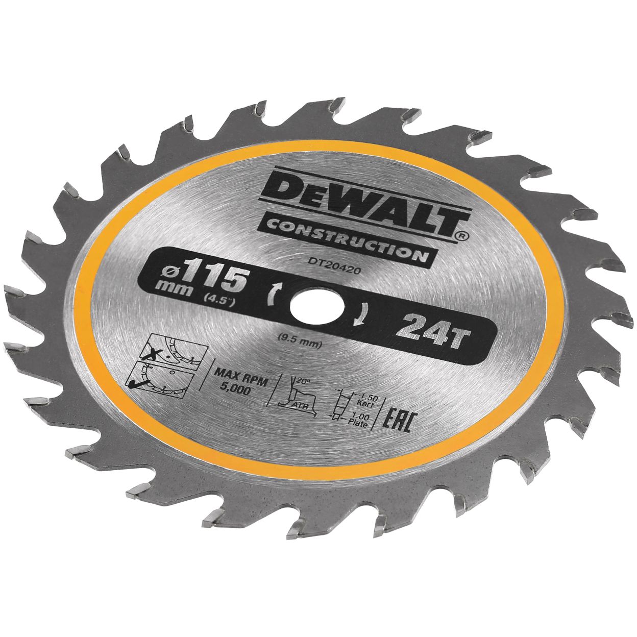 Диск пильный по дереву DEWALT CONSTRUCTION, 115х9.5х1.5 мм (DT20420-QZ)