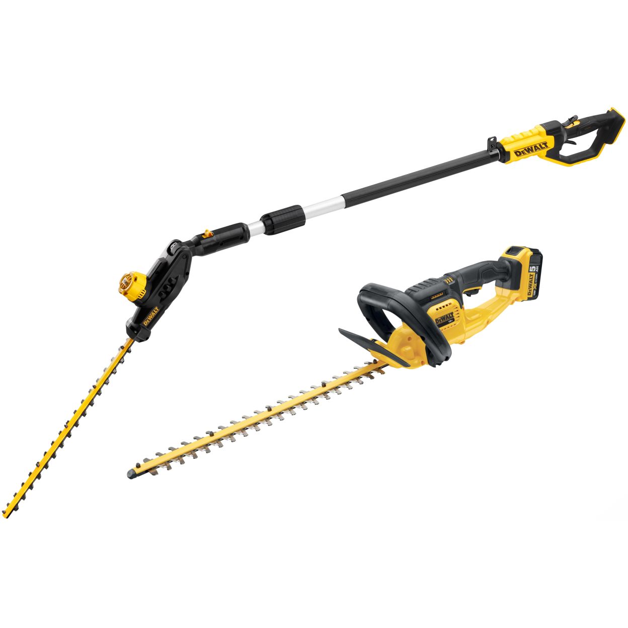 Аккумуляторный набор садовой техники DEWALT, 18 В: кусторез-высоторез DCMPH566 + кусторез DCM563, с АКБ 5 Ач и ЗУ