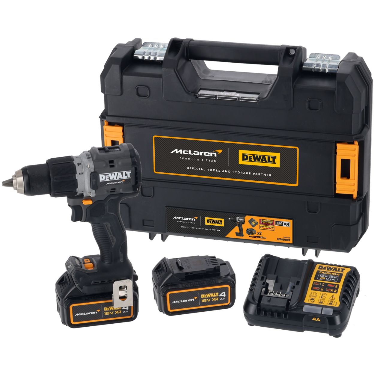 Ударная дрель-шуруповерт DEWALT McLaren Limited Edition DCD85MM2T, 18 В, 2000 об/мин, с 2 АКБ 4 Ач и ЗУ, в кейсе TSTAK