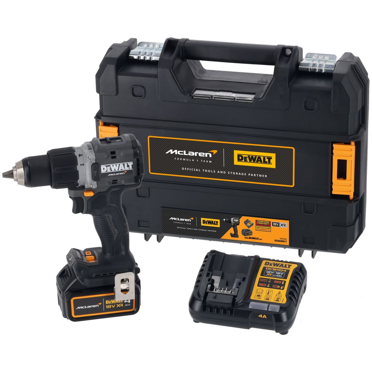 Ударная дрель-шуруповерт DEWALT McLaren Limited Edition DCD85MM2T, 18 В, 2000 об/мин, с АКБ 4 Ач и ЗУ, в кейсе TSTAK