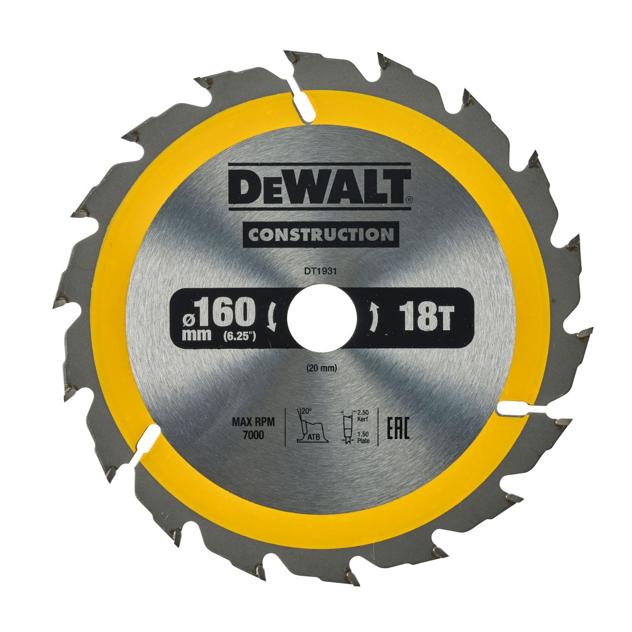 Диск пильный по дереву DEWALT CONSTRUCTION, 160х20х1.5 мм (DT1931-QZ)