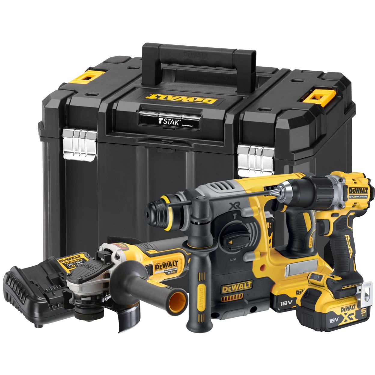 Аккумуляторный набор DEWALT DCK330P2T: дрель-шуруповерт DCD800 + УШМ DCG405 + перфоратор DCH273, с 2 АКБ 5 Ач и ЗУ в кейсе TSTAK