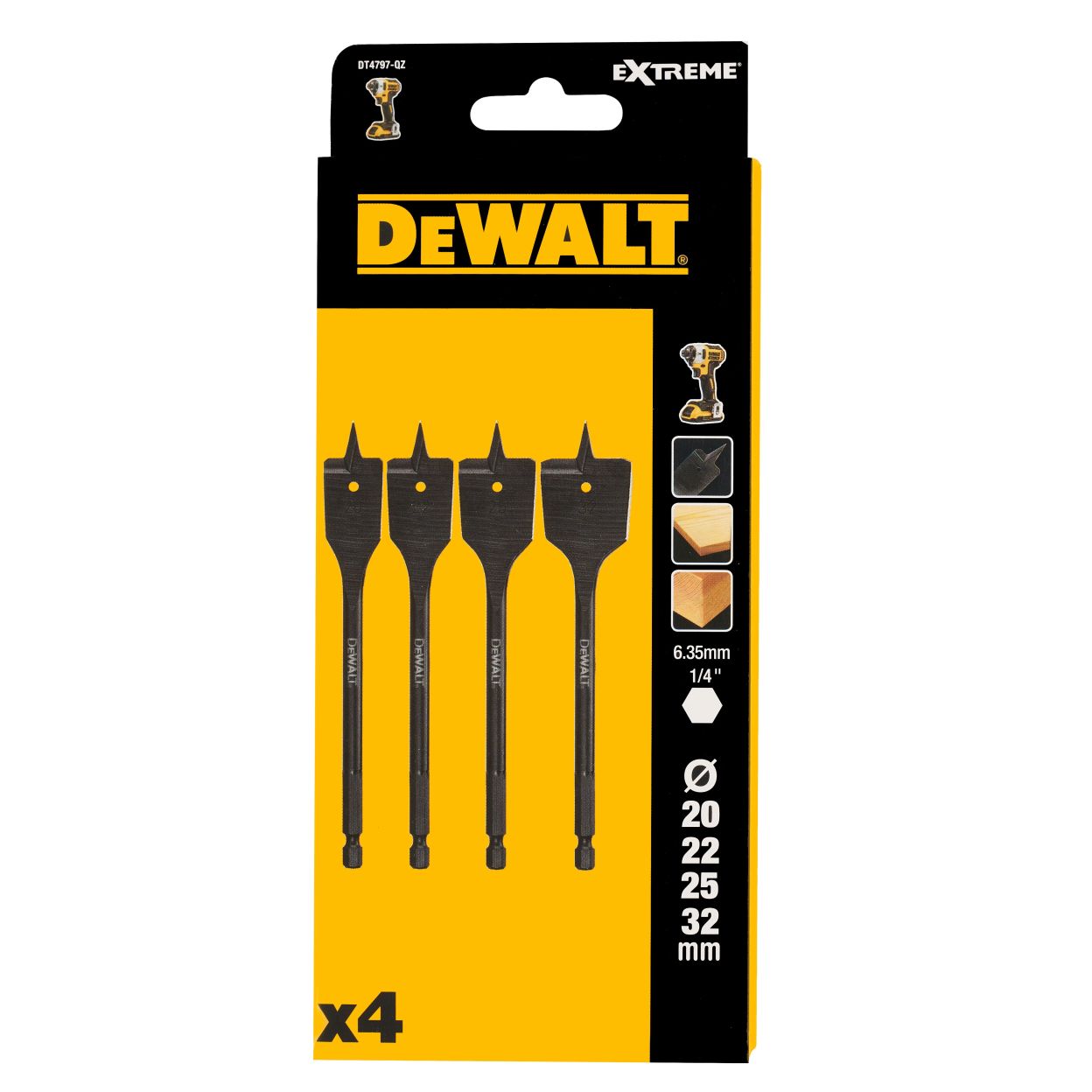 Набор перьевых сверл по дереву DEWALT DT4797, 20-32 мм, 4 шт. (DT4797-QZ)