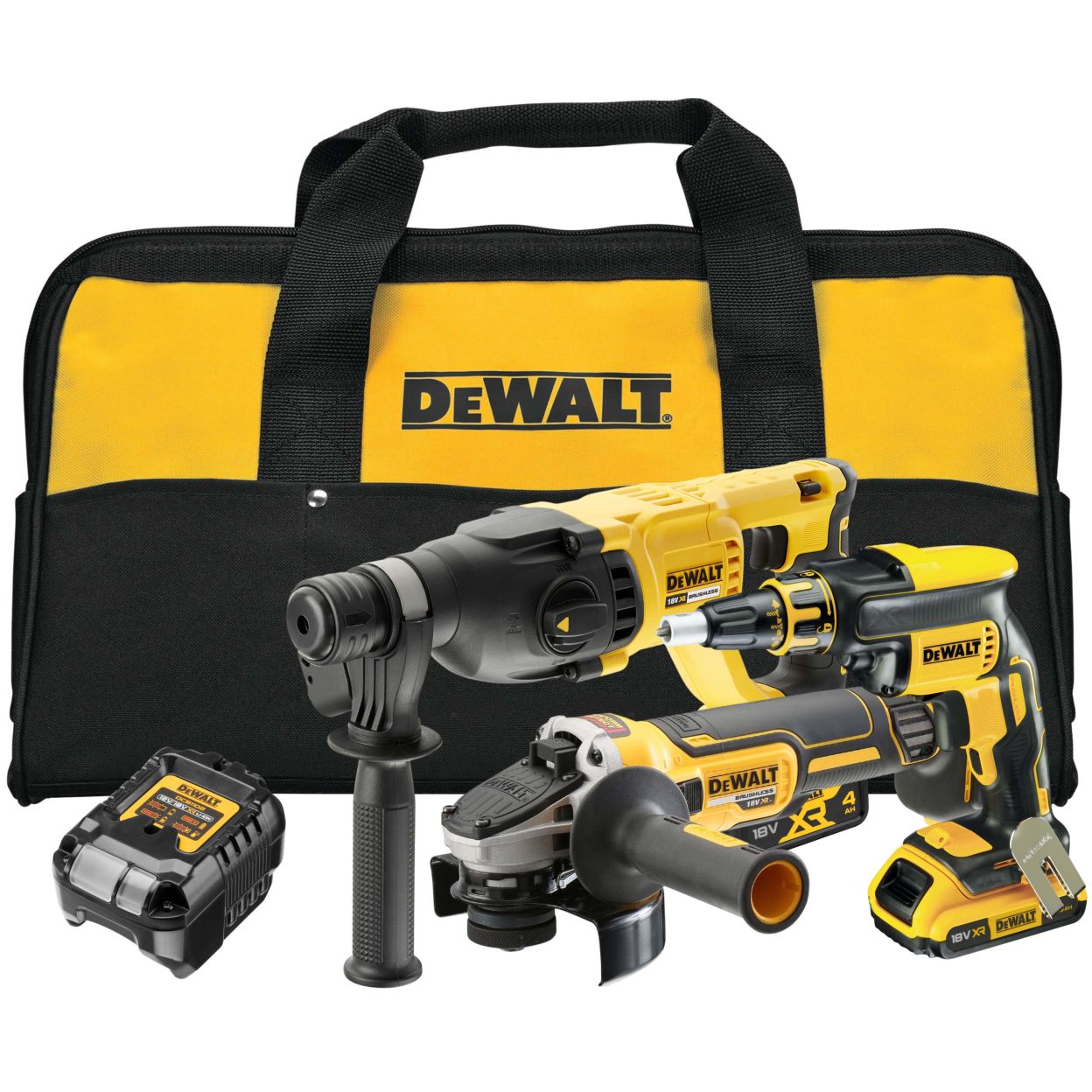 Аккумуляторный набор DEWALT DCK308DM, 18 В: шуруповерт DCF620 + УШМ DCG405 + перфоратор DCH133, с 2 АКБ 2 и 4 Ач и ЗУ, в сумке