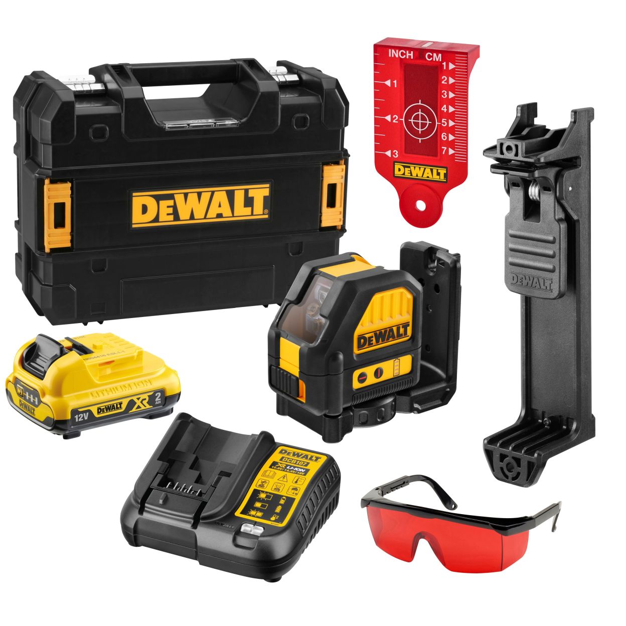 Аккумуляторный лазерный нивелир DEWALT DCE088D1R, 12 В, красный луч, 20 м, с АКБ 2 Ач и ЗУ, в кейсе TSTAK (DCE088D1R-QW)