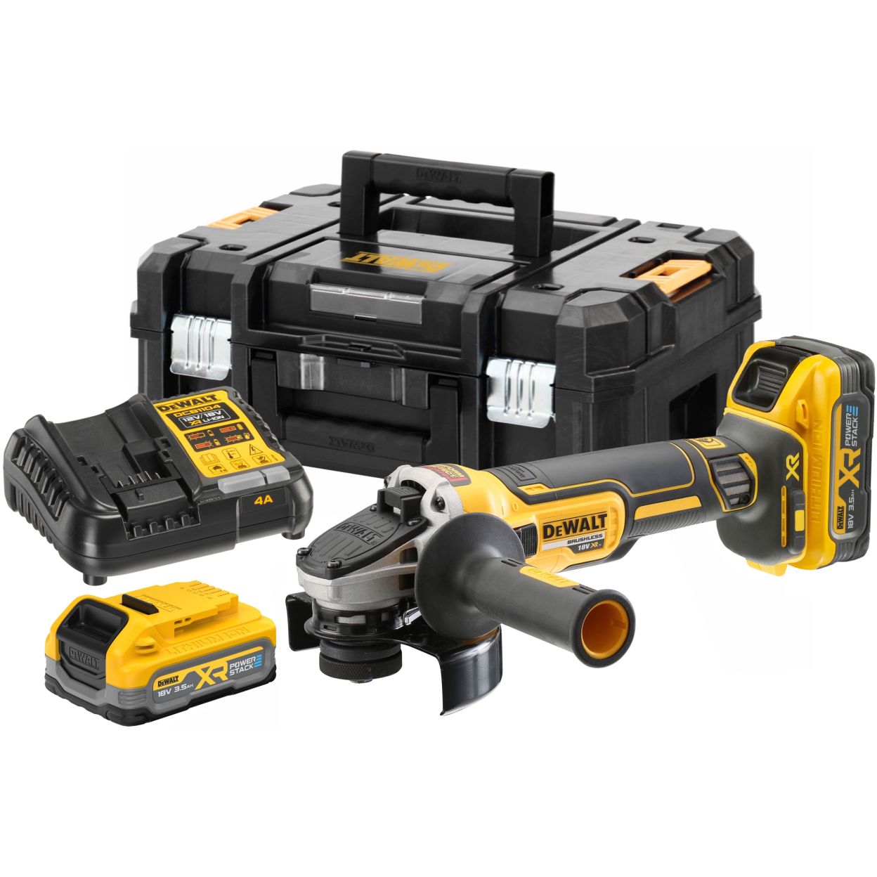 Аккумуляторная угловая шлифмашина DEWALT DCG405S2T, 18 В, 125 мм, 9000 об/мин, с 2 АКБ 3.5 Ач и ЗУ, в кейсе TSTAK (DCG405S2T-QW)
