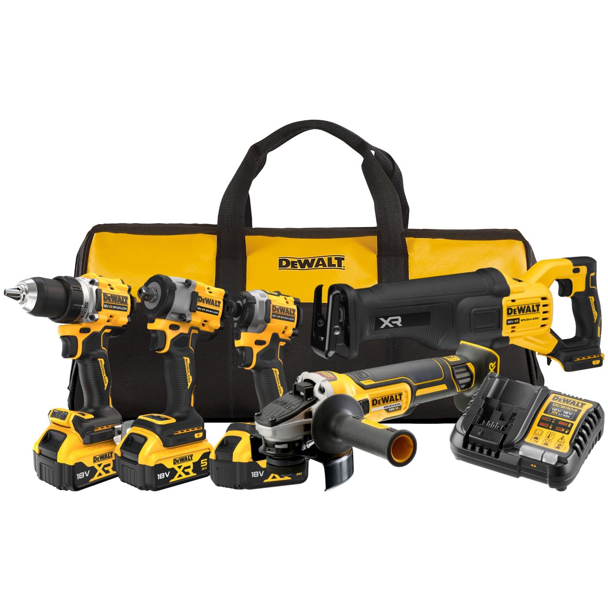 Аккумуляторный набор DEWALT DCK509P3, 18 В: дрель + шуруповерт + гайковерт + УШМ + сабельная пила, с 3 АКБ 5 Ач и ЗУ, в сумке