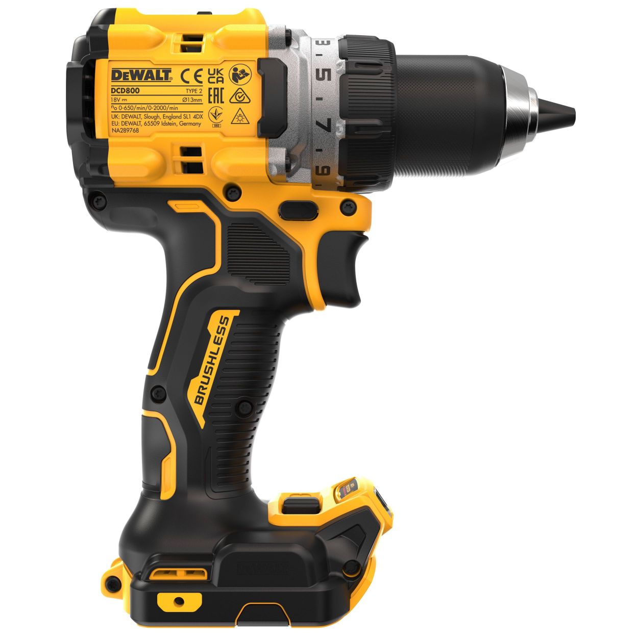 Аккумуляторная дрель-шуруповерт DEWALT DCD800S2T, 18 В, 2000 об/мин, с 2 АКБ 3.5 Ач и ЗУ, в кейсе TSTAK (DCD800S2T-QW)