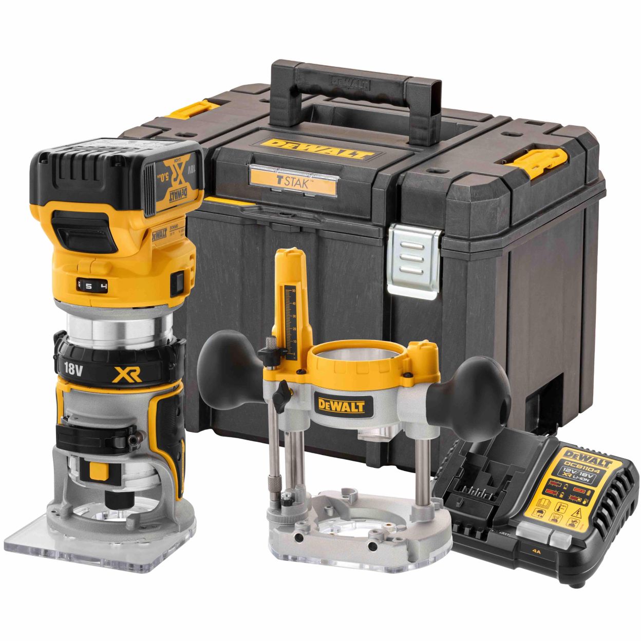 Аккумуляторный вертикальный фрезер DEWALT DCW604P1, 18 В, 25500 об/мин, 55 мм, с АКБ 5 Ач и ЗУ, в кейсе TSTAK (DCW604P1NT-XJ)