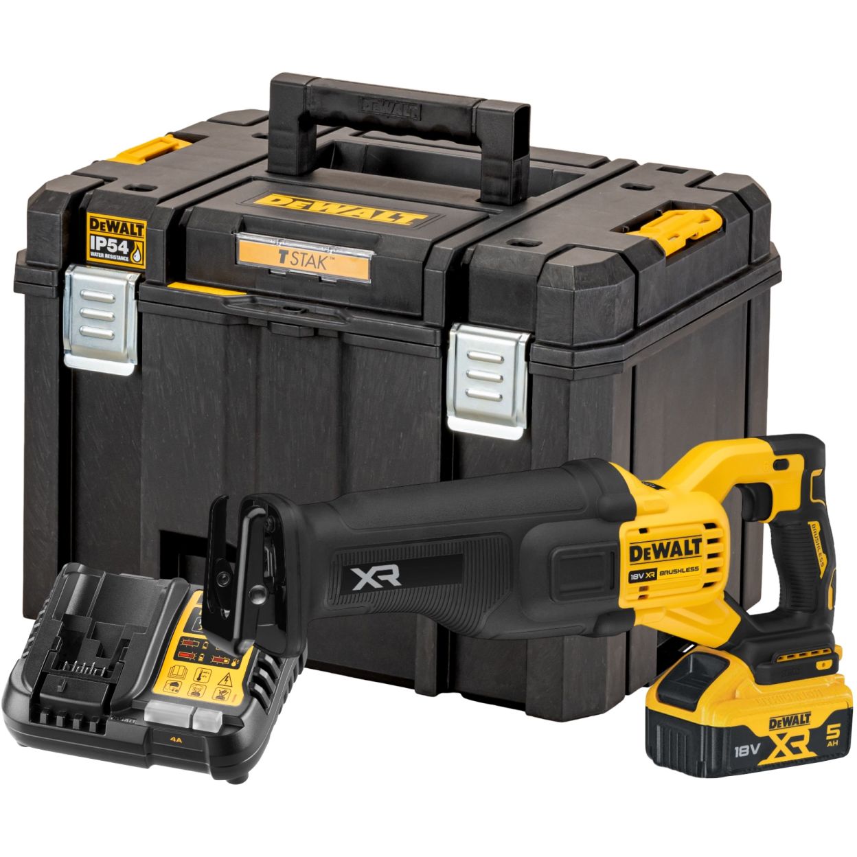 Аккумуляторная сабельная пила DEWALT DCS386P1T, 18/54 В, 3000 ход/мин, 28.6 мм, с АКБ 5 Ач и ЗУ, в кейсе TSTAK (DCS386P1NT-XJ)