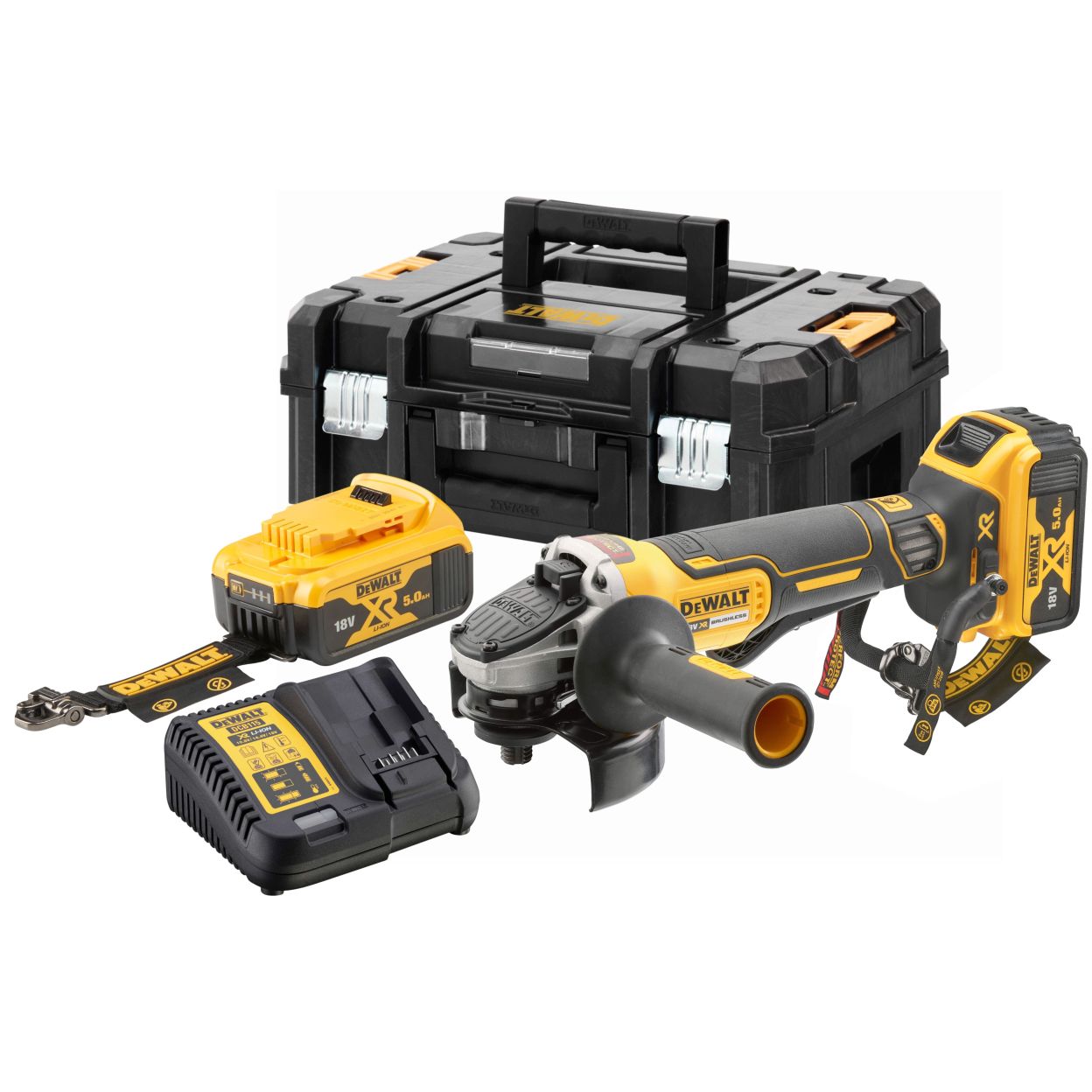 Аккумуляторная угловая шлифмашина DEWALT DCG406P2LRT, 18 В, 125 мм, 9000 об/мин, с 2 АКБ 5 Ач и ЗУ, в кейсе TSTAK (DCG406P2LRT-QW)