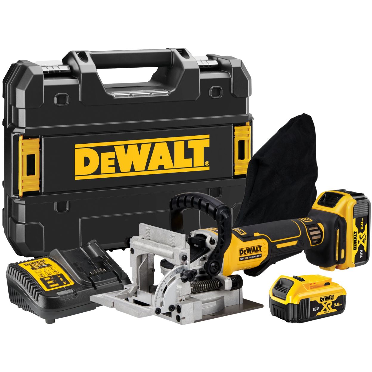 Аккумуляторный ламельный фрезер DEWALT DCW682P2, 18 В, 8000 об/мин, с 2 АКБ 5 Ач и ЗУ, в кейсе TSTAK (DCW682P2-QW)