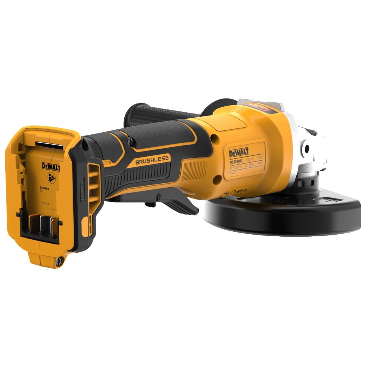 Аккумуляторная угловая шлифмашина DEWALT DCG408N, 18 В, 125 мм, 9000 об/мин, без АКБ и ЗУ (DCG408N-XJ)