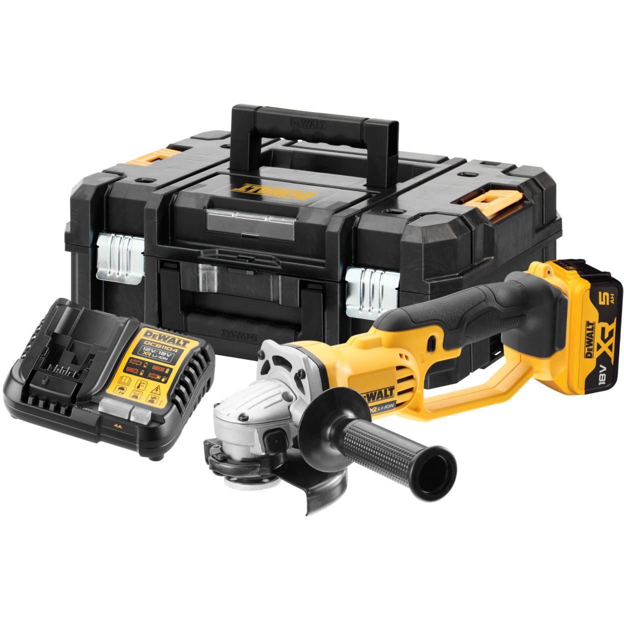 Аккумуляторная угловая шлифмашина DEWALT DCG412P1T, 18 В, 125 мм, 7000 об/мин, с АКБ 5 Ач и ЗУ, в кейсе TSTAK (DCG412P1NT-XJ)