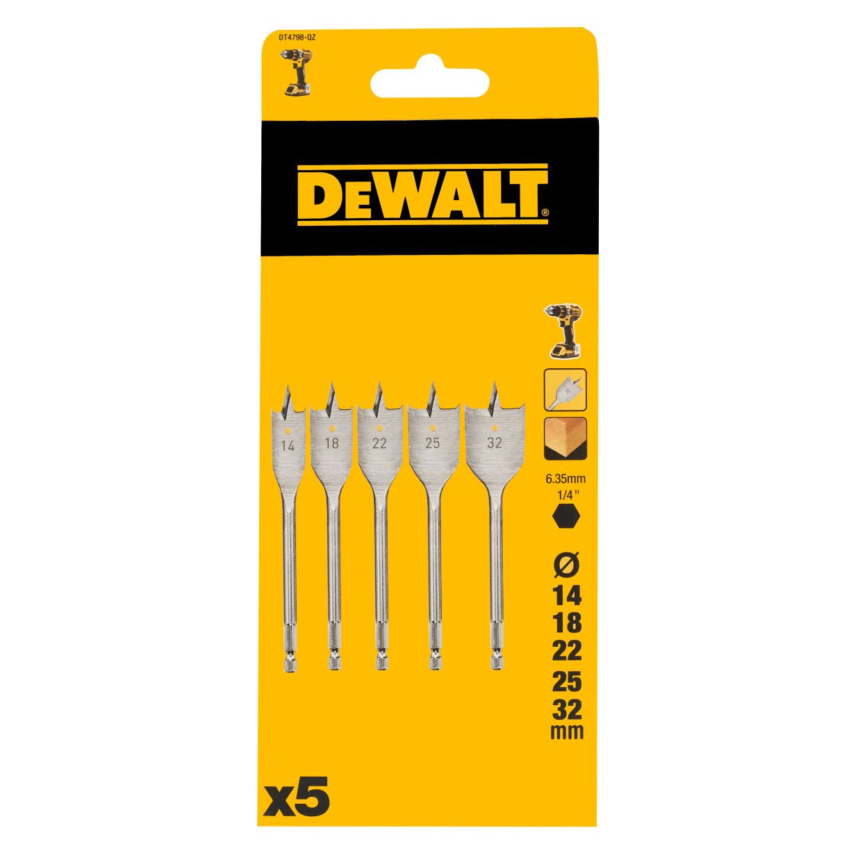 Набор перьевых сверл по дереву DEWALT DT4798, 14-32 мм, 5 шт. (DT4798-QZ)