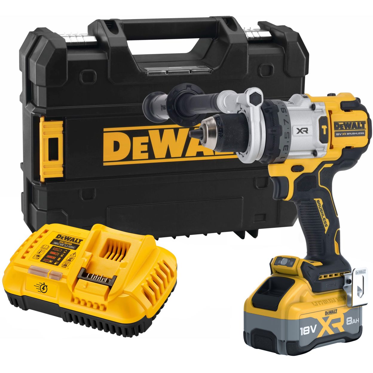 Ударная дрель-шуруповерт DEWALT DCD1007WW1T, 18 В, 2250 об/мин, 38250 уд/мин, с АКБ 8 Ач и ЗУ, в кейсе TSTAK (DCD1007WW1T-QW)