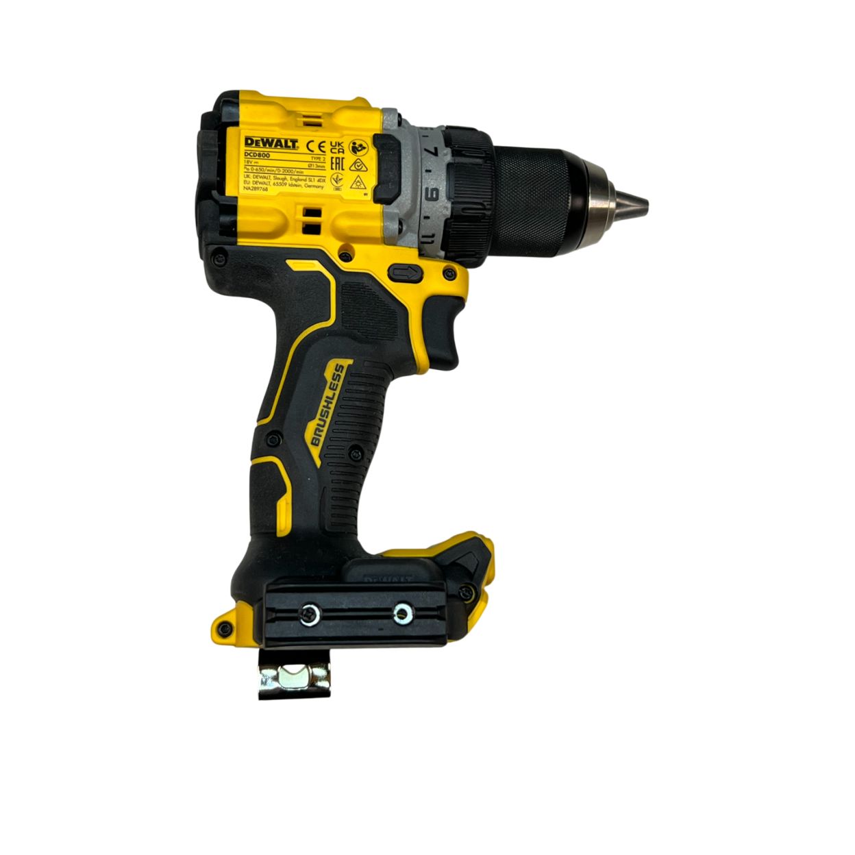 Дрель-шуруповерт DEWALT DCD800P2T, 18 В, 2000 об/мин, с 2 АКБ 5 Ач и ЗУ, в кейсе(УЦЕНЕННЫЙ ТОВАР) (DCD800P2T-QW/U1)