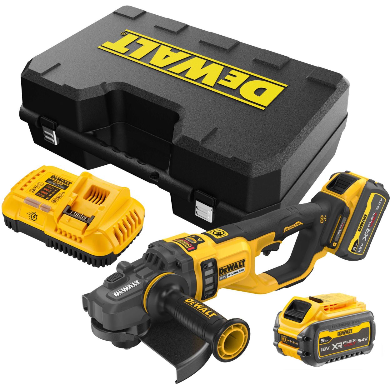 Аккумуляторная угловая шлифмашина DEWALT DCG460X2, 54 В, 230 мм, 6000 об/мин, с 2 АКБ 3 Ач и ЗУ, в кейсе (DCG460X2-QW)