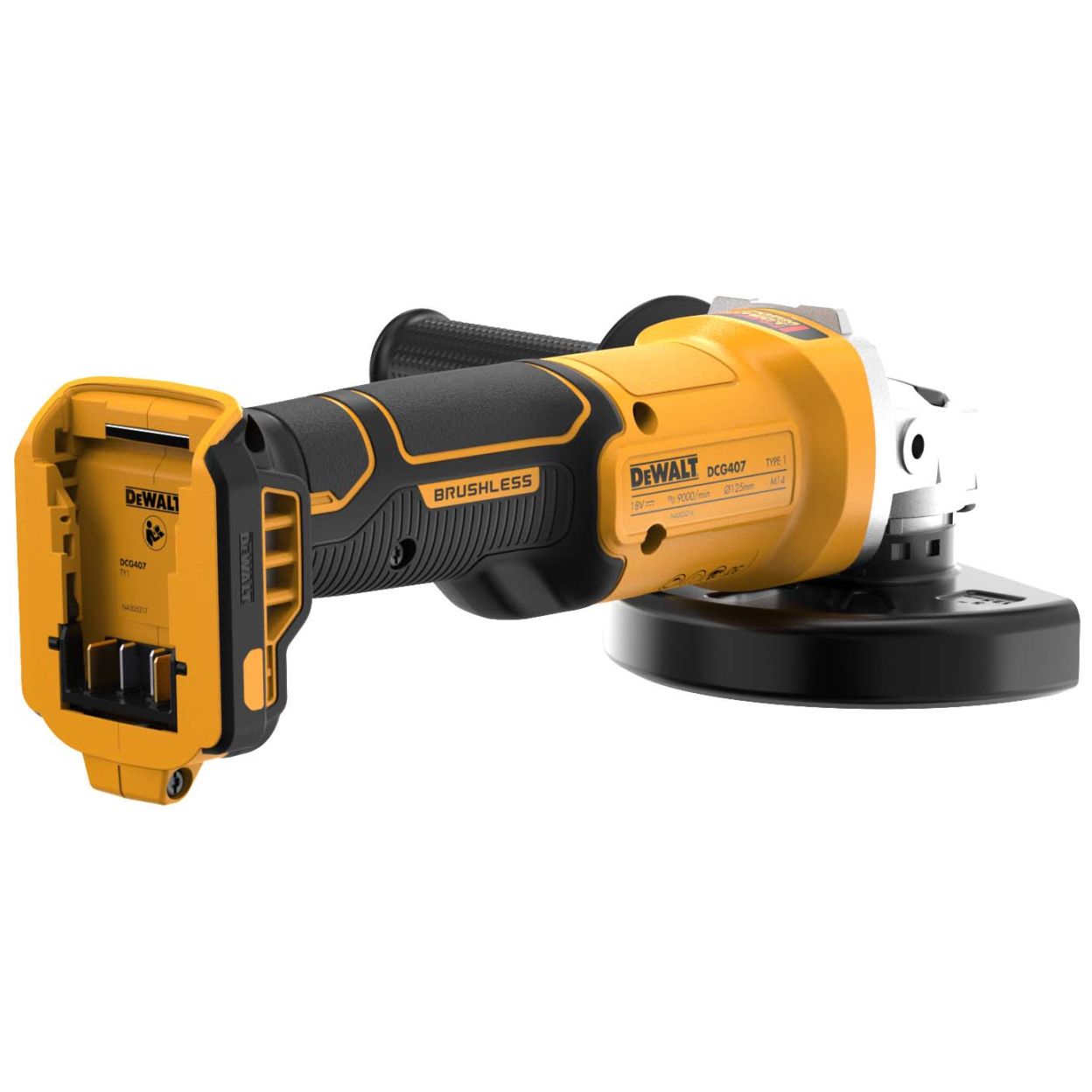 Аккумуляторная угловая шлифмашина DEWALT DCG407M2T, 18 В, 125 мм, 9000 об/мин, с 2 АКБ 4 Ач и ЗУ, в кейсе TSTAK (DCG407M2T-QW)