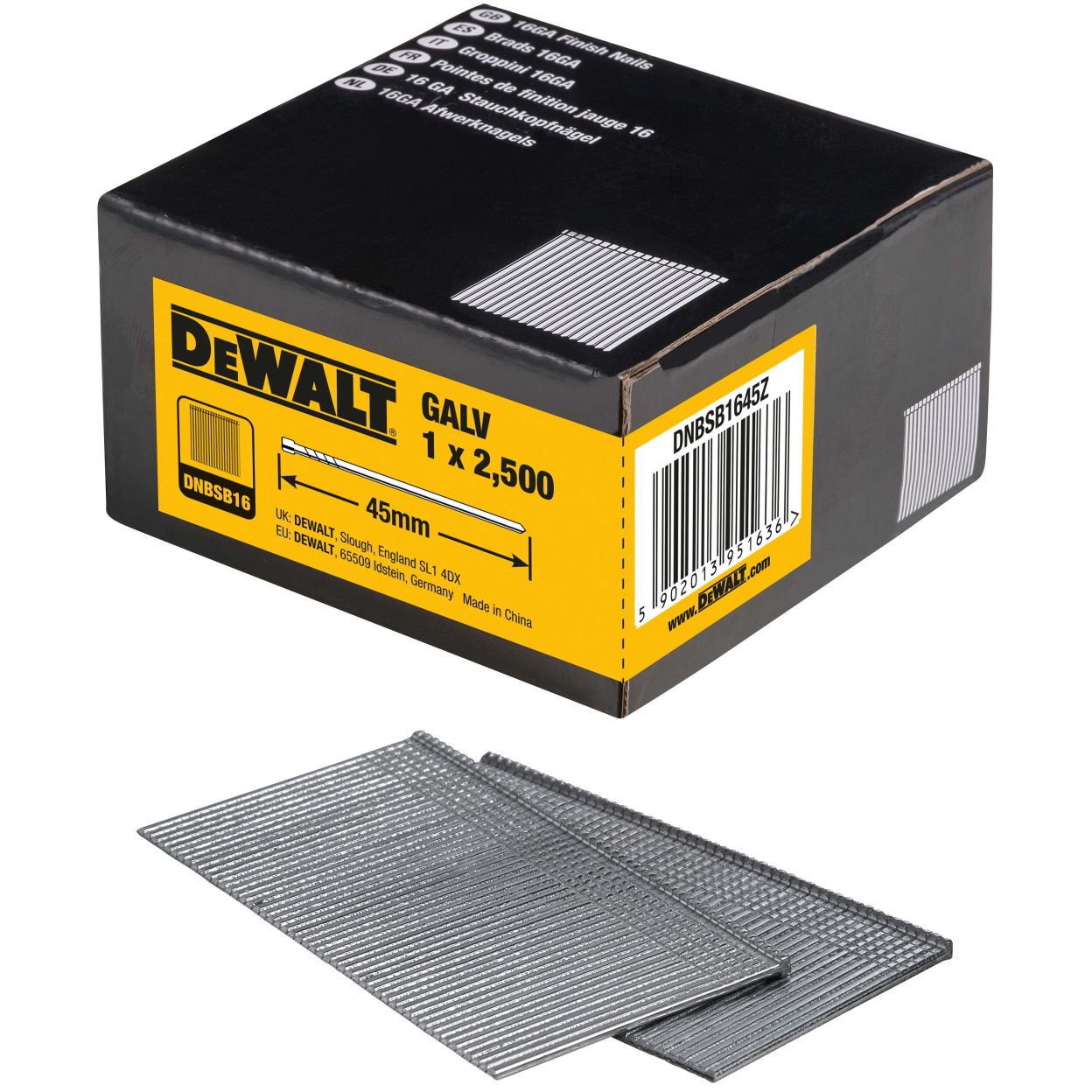 Гвозди DEWALT DNBSB1645Z, для нейлера, оцинкованные, 16GA, 45x1.6 мм, 25000 шт. (DNBSB1645Z-10)