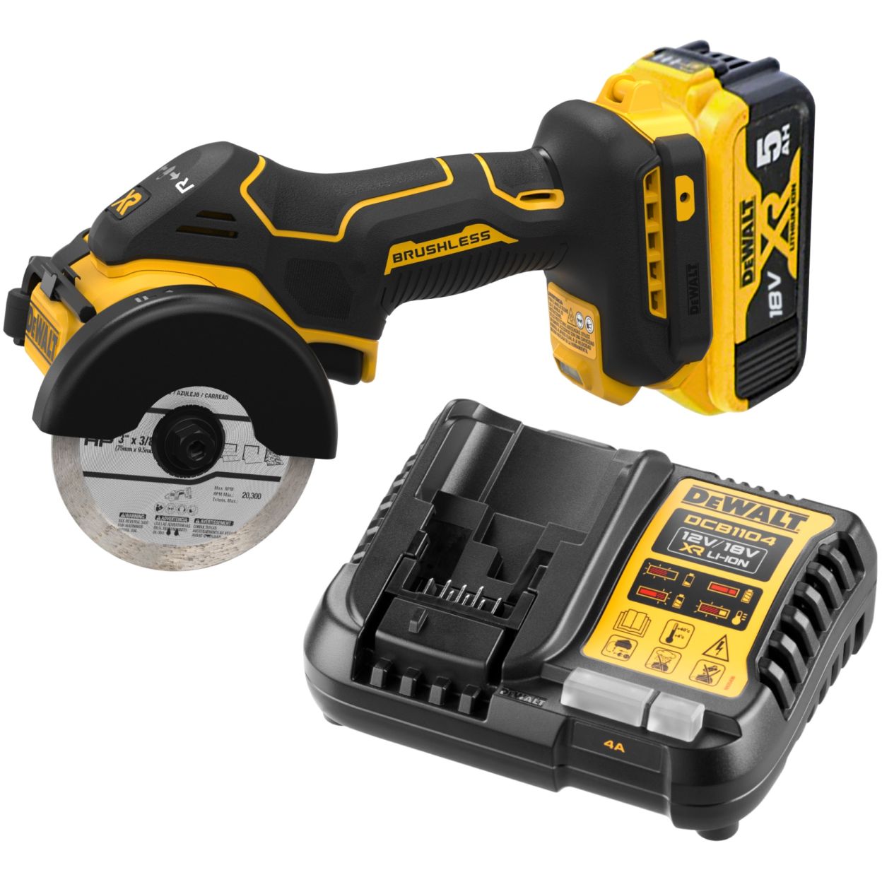 Аккумуляторная отрезная машина DEWALT DCS438P1, 18 В, 76 мм, 20000 об/мин, с АКБ 5 Ач и ЗУ (DCS438P1N-XJ)