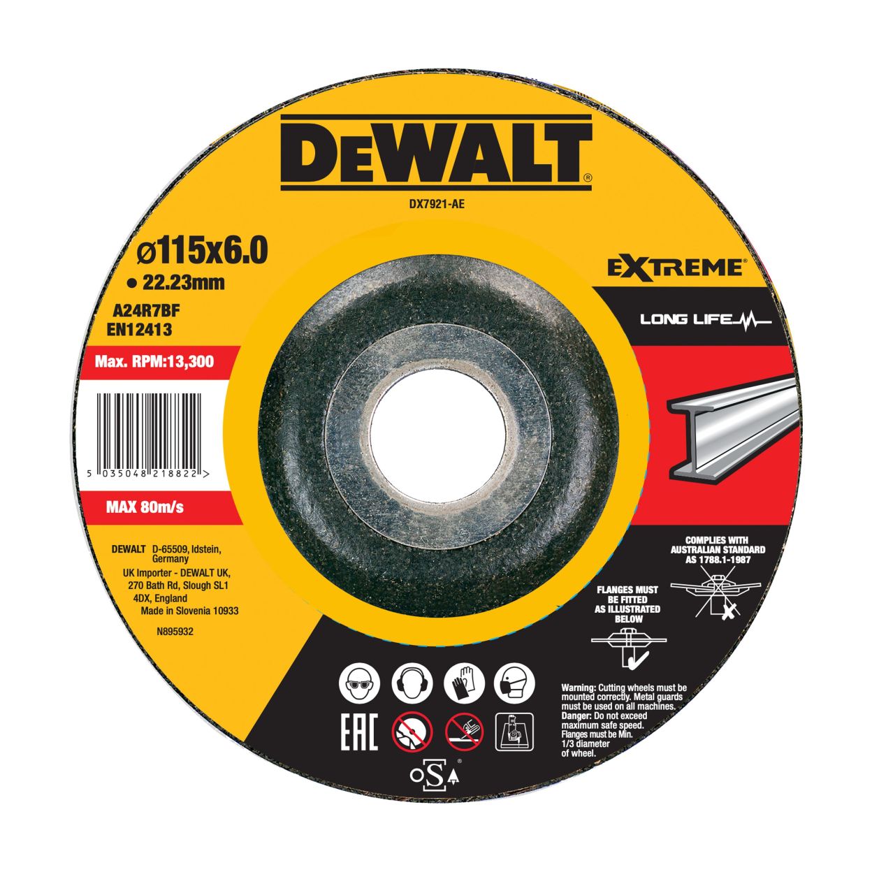 Диск шлифовальный по металлу DEWALT DX7921, по металлу, 115х22.23х6 мм (DX7921-AE)