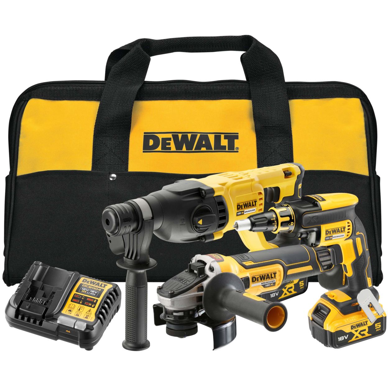 Аккумуляторный набор DEWALT DCK304P2, 18 В: шуруповерт DCF620 + УШМ DCG405 + перфоратор DCH133, с 2 АКБ 5 Ач и ЗУ, в сумке