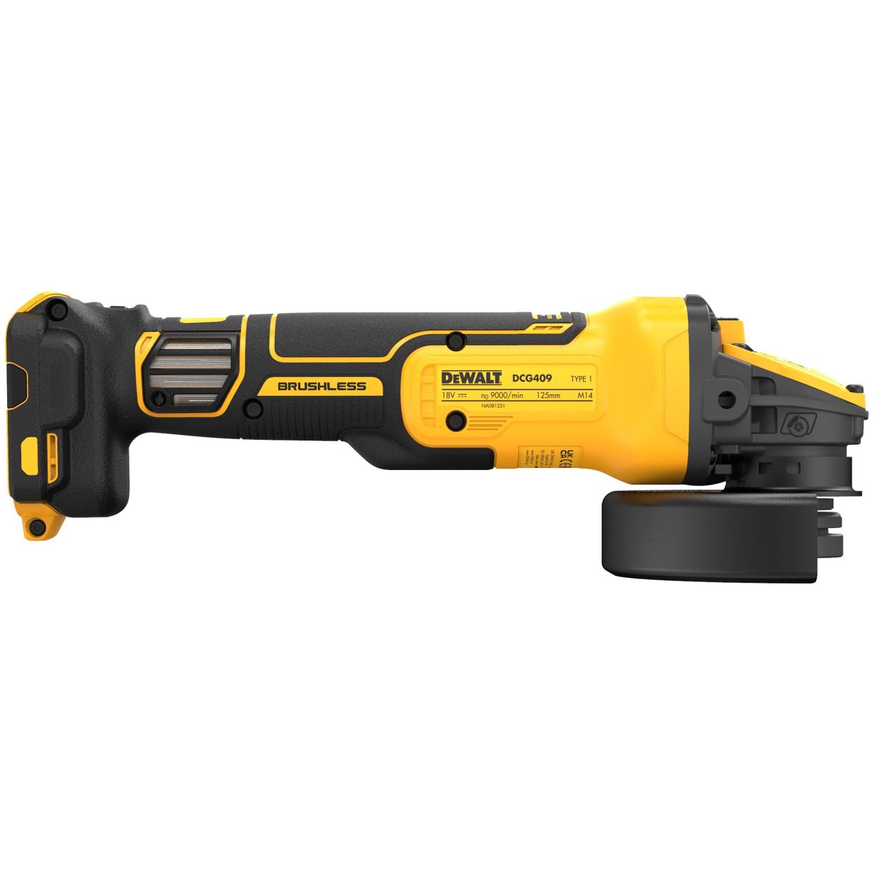 Аккумуляторная угловая шлифмашина DEWALT DCG409NT, 18/54 В, 125 мм, 9000 об/мин, без АКБ и ЗУ, в кейсе TSTAK (DCG409NT-XJ)