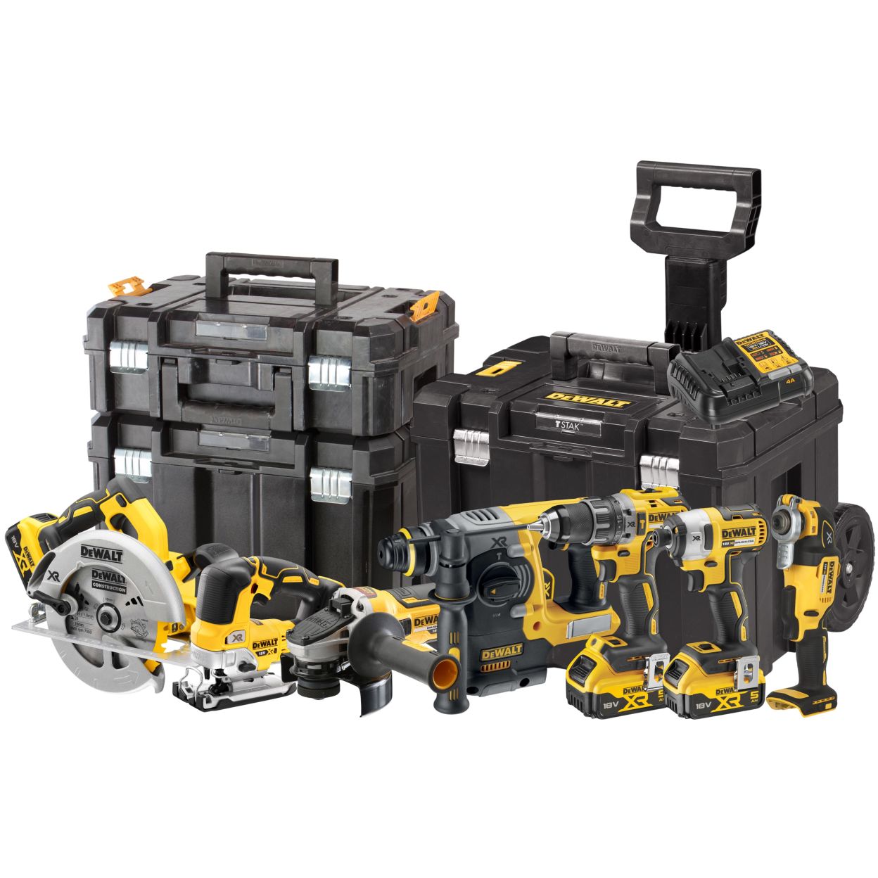 Аккумуляторный набор DEWALT DCK755P3T, 18 В: 7 инструментов, с 3 АКБ 5 Ач и ЗУ, в 3 кейсах TSTAK (DCK755P3T-QW)