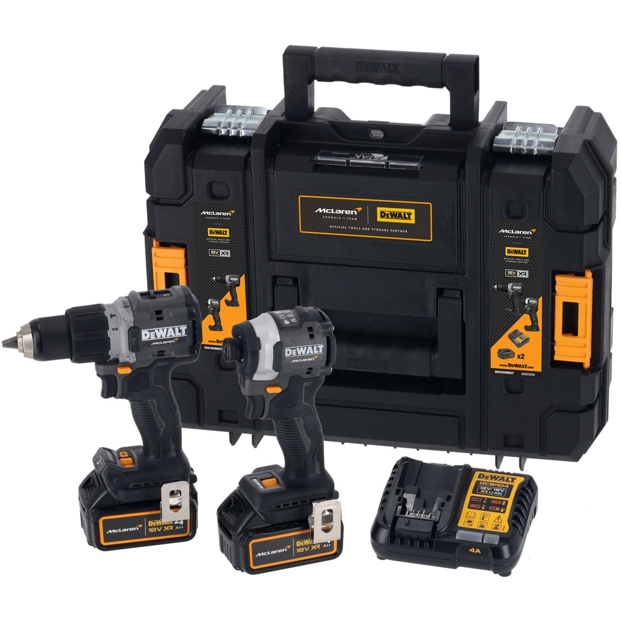 Аккумуляторный набор DEWALT McLaren Limited Edition DCK200MM2T: дрель-шуруповерт + шуруповерт, с 2 АКБ 4 Ач и ЗУ, в кейсе TSTAK