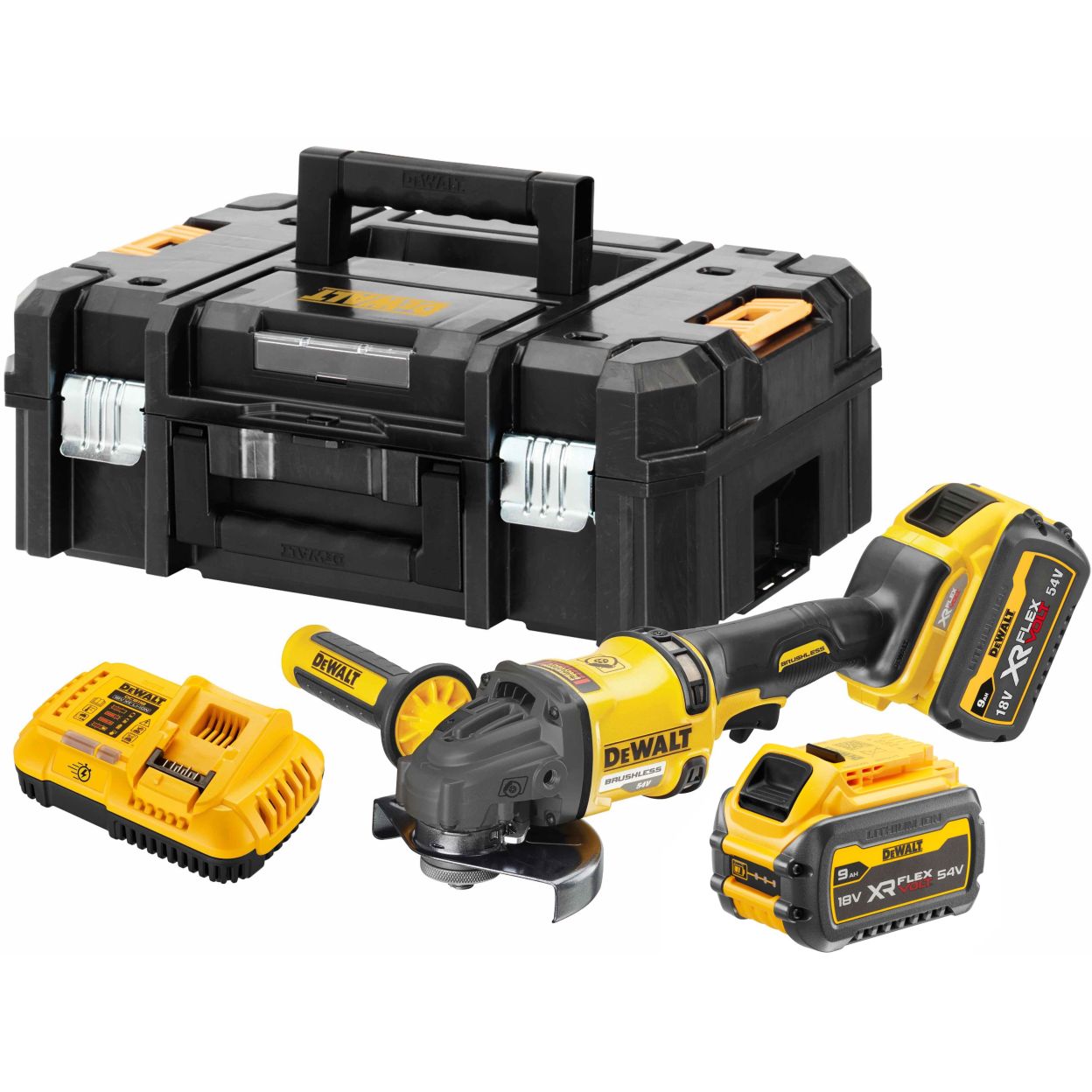 Аккумуляторная угловая шлифмашина DEWALT DCG418X2, 54 В, 125 мм, 9000 об/мин, с 2 АКБ 3 Ач и ЗУ, в кейсе TSTAK (DCG418X2-QW)