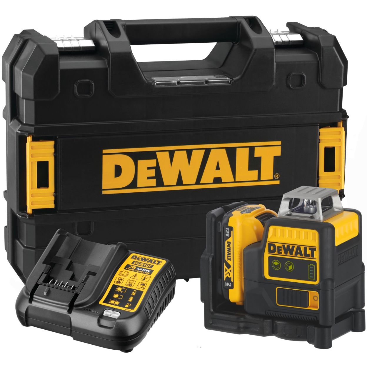Аккумуляторный лазерный нивелир DEWALT DCE0811D1G, 12 В, зеленый луч, 35 м, с АКБ 2 Ач и ЗУ, в кейсе TSTAK (DCE0811D1G-QW)
