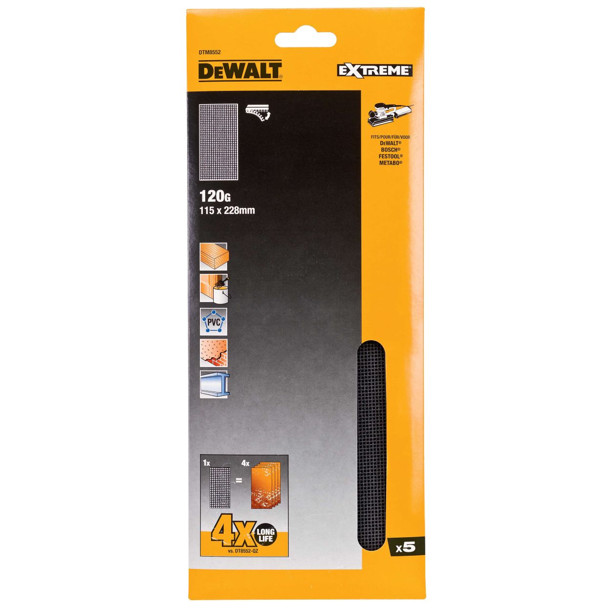 Сетчатый шлифлист DEWALT DTM8552, 115х228 мм, 120G, 5 шт. (DTM8552-QZ)