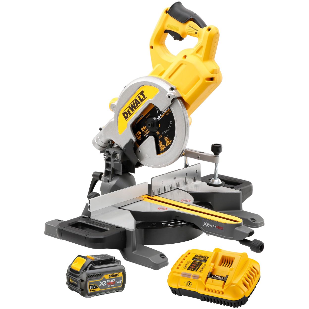 Аккумуляторная торцовочная пила DEWALT DCS777T2, 54 В, 216 мм, 6300 об/мин, с 2 АКБ 2 Ач и ЗУ (DCS777T2-QW)