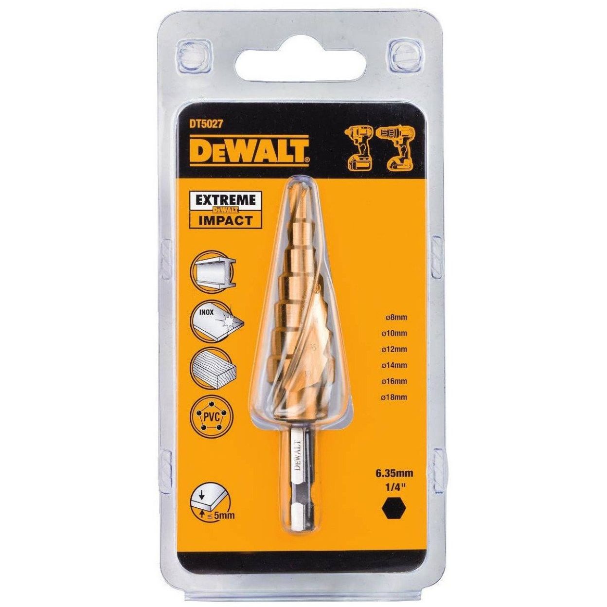 Сверло ступенчатое DEWALT EXTREME IMPACT DT5027, 6-18 мм