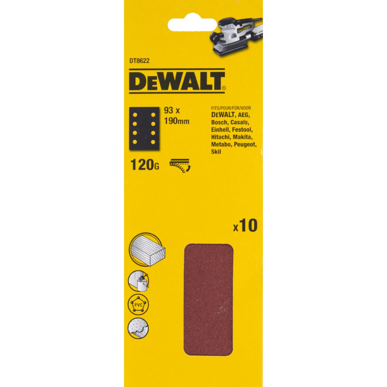 Шлифлисты перфорированные DEWALT DT8622, 93 x 190 мм, 120G, 10 шт.