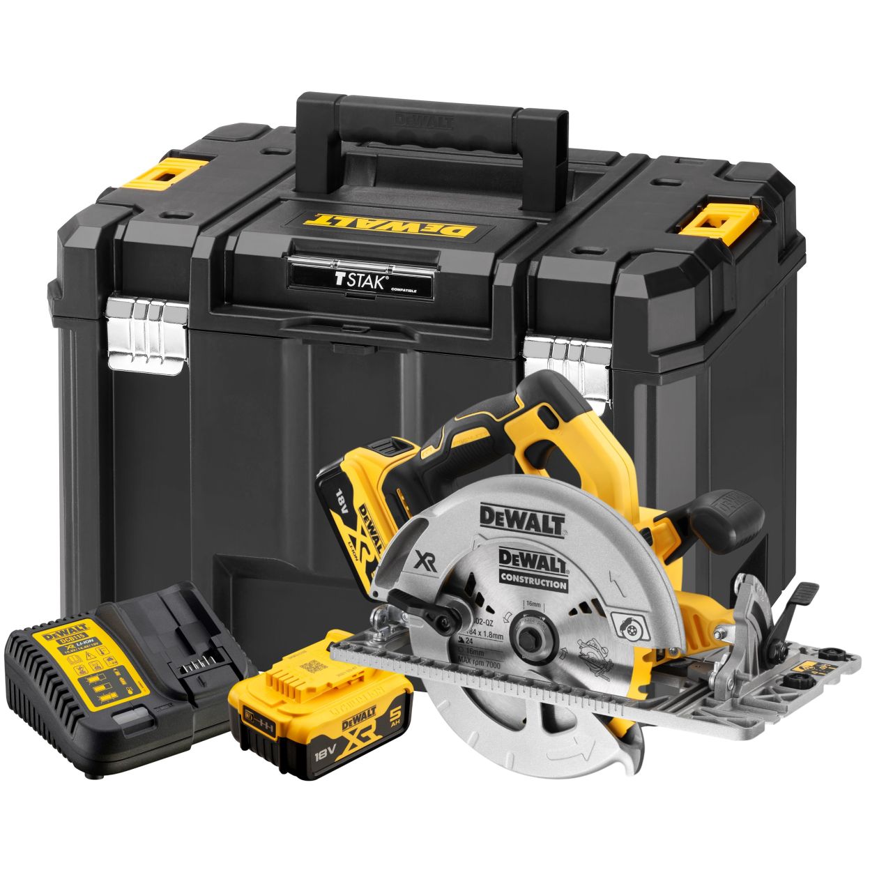 Аккумуляторная дисковая пила DEWALT DCS572P2, 18 В, 184 мм, 5500 об/мин, с 2 АКБ 5 Ач и ЗУ, в кейсе TSTAK (DCS572P2-QW)