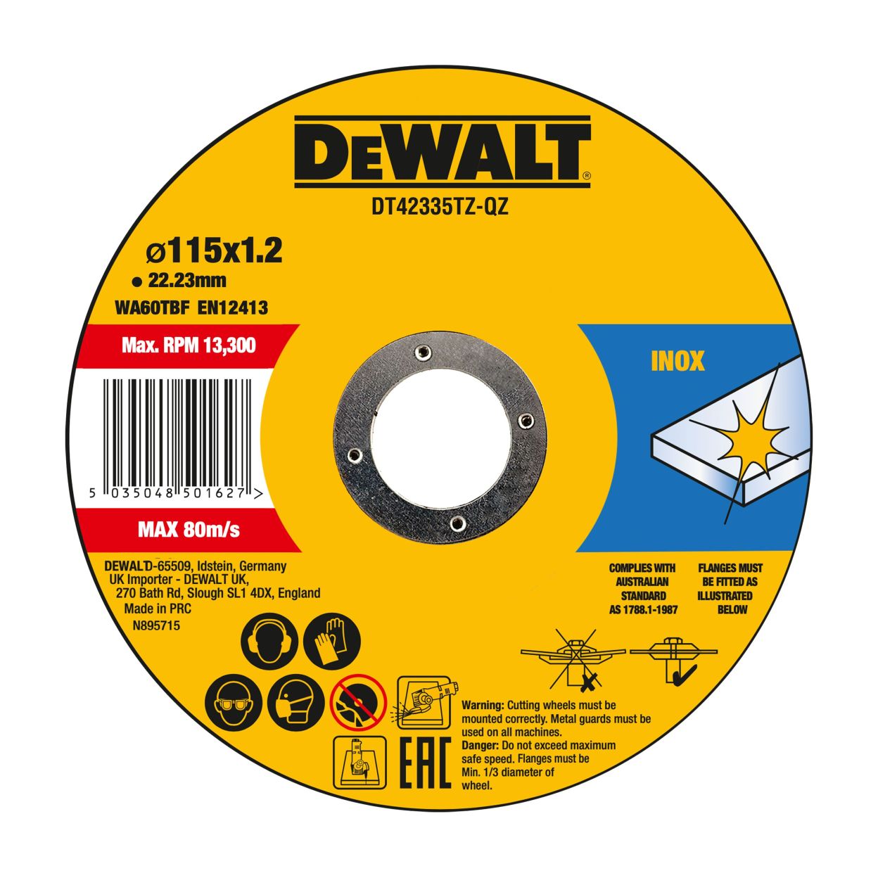 Диск отрезной DEWALT DT42335TZ, по металлу, 115х22.23х1.2 мм, 10 шт. (DT42335TZ-QZ)