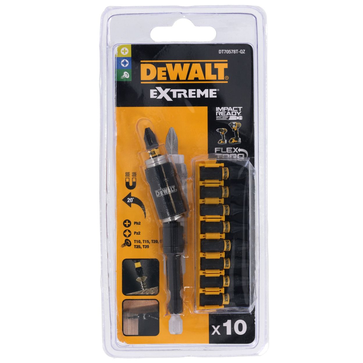 Набор бит DEWALTPH2,PZ2,T10,T15,T20,T25,T30, 25 мм HEX, 10 шт. (DT70578T-QZ)