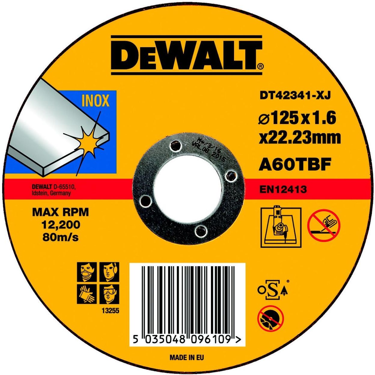 Круг отрезной по нержавеющей стали INOX 125x22.2x1.6мм тип 1 DEWALT DT42341