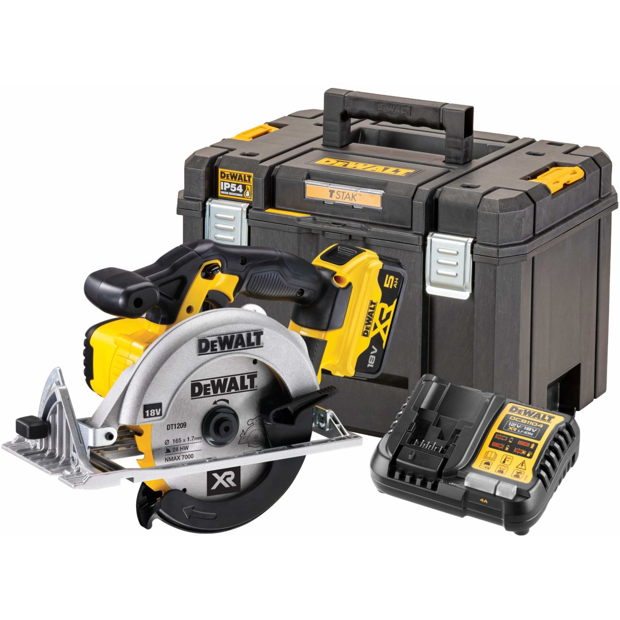 Аккумуляторная дисковая пила DEWALT DCS391P1T, 18 В, 165 мм, 5150 об/мин, с АКБ 5 Ач и ЗУ, в кейсе TSTAK (DCS391P1NT-XJ)