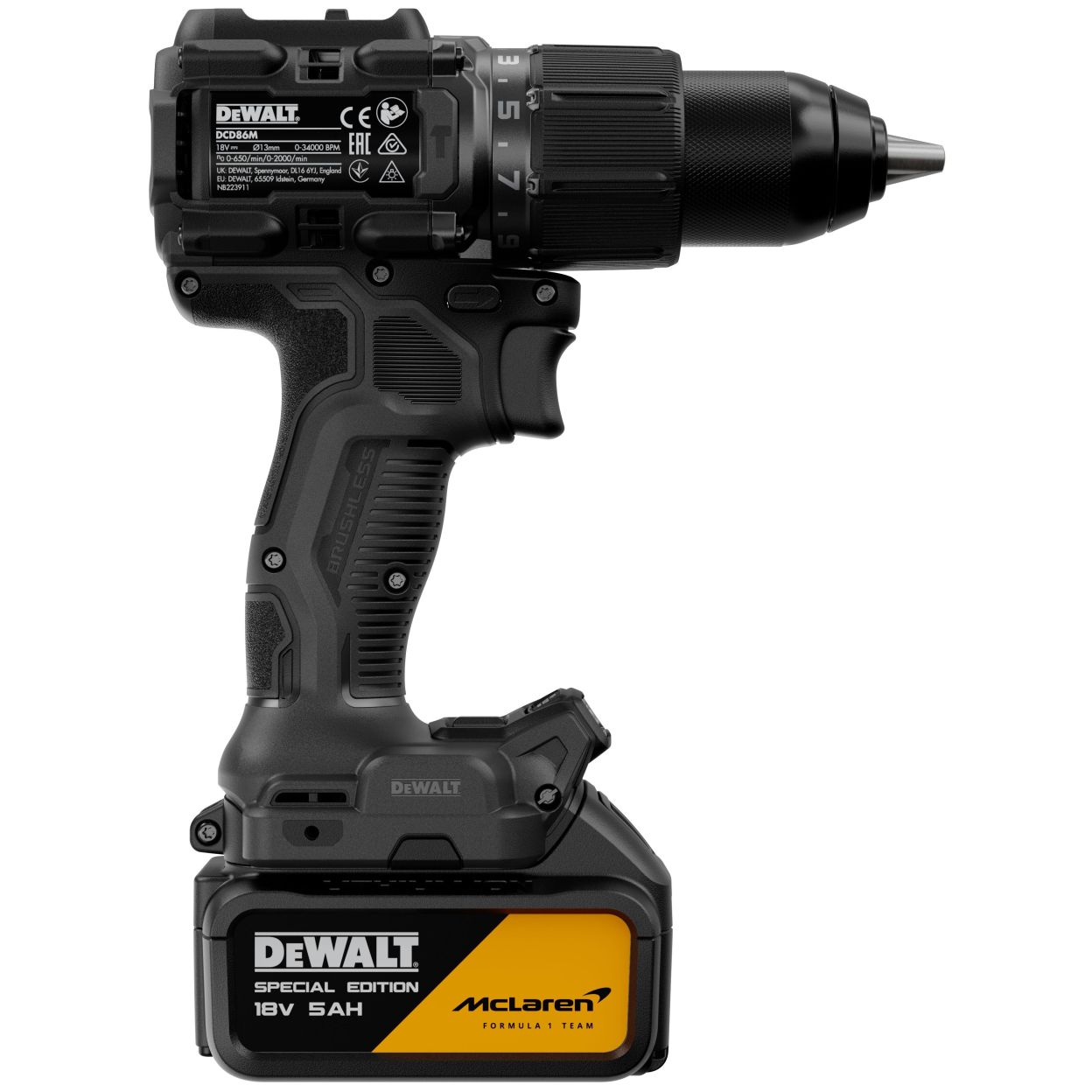 Ударная дрель-шуруповерт DEWALT McLaren Limited Edition DCD86MP1T, 18 В, 2000 об/мин, с АКБ 5 Ач и ЗУ, в кейсе TSTAK