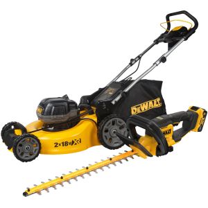 Аккумуляторный набор садовой техники DEWALT, 18 В: газонокосилка DCMW564 + кусторез DCMHT564, с 2 АКБ 5 Ач без ЗУ
