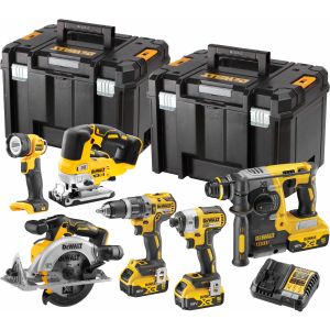 Аккумуляторный набор DEWALT DCK690P3T: дрель + шуруповерт + перфоратор + пила + лобзик + фонарь, с 3 АКБ 5 Ач и ЗУ, в 2 кейсах
